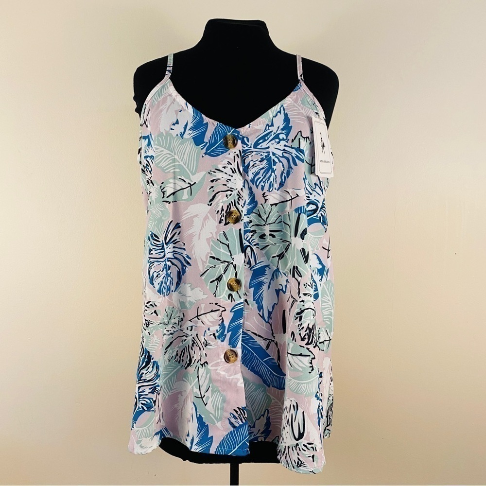 Buttoned tank top pastel colours wood buttons leaves foliage adjustable straps